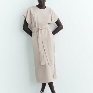 NWT BELTED ECRU MIDI COTTON DRESS.